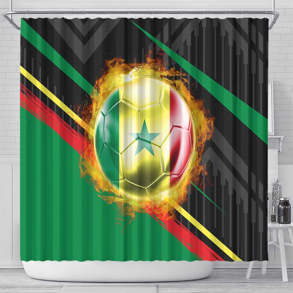 Custom Senegal Shower Curtain Lion Graphic, National Flag, Fiery Soccer Ball - Bold African Pride Design - Wonder Print Shop