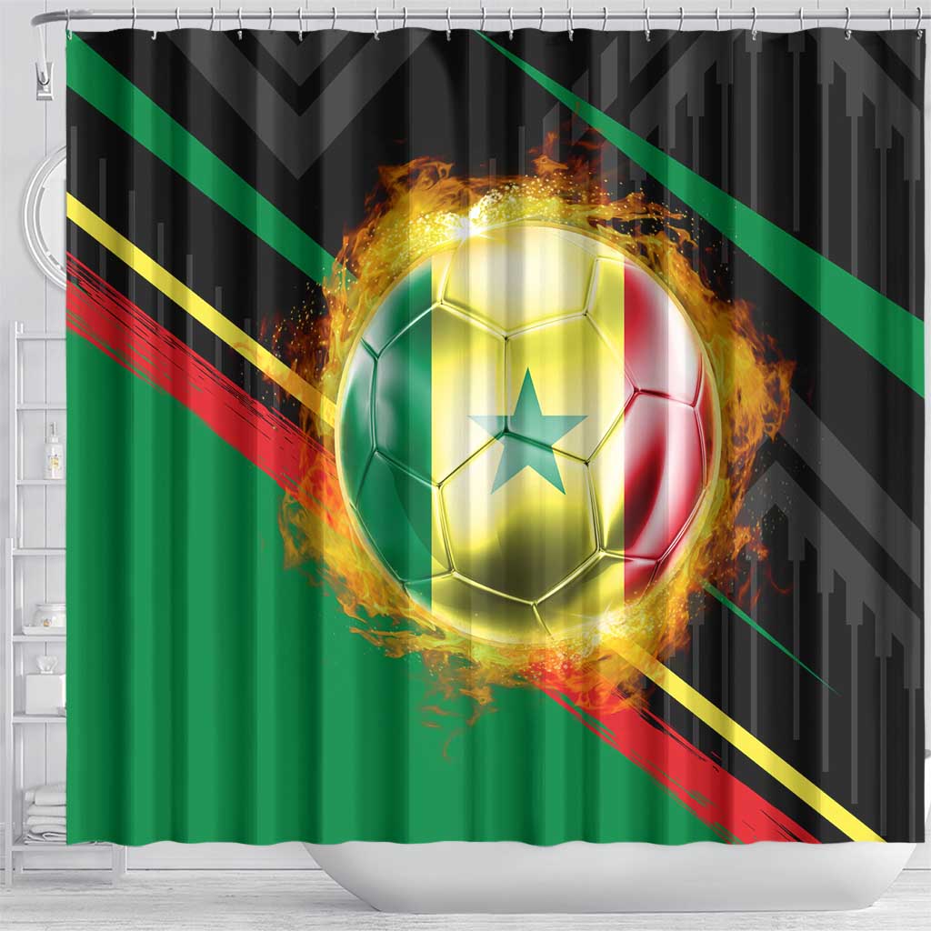 Custom Senegal Shower Curtain Lion Graphic, National Flag, Fiery Soccer Ball - Bold African Pride Design - Wonder Print Shop