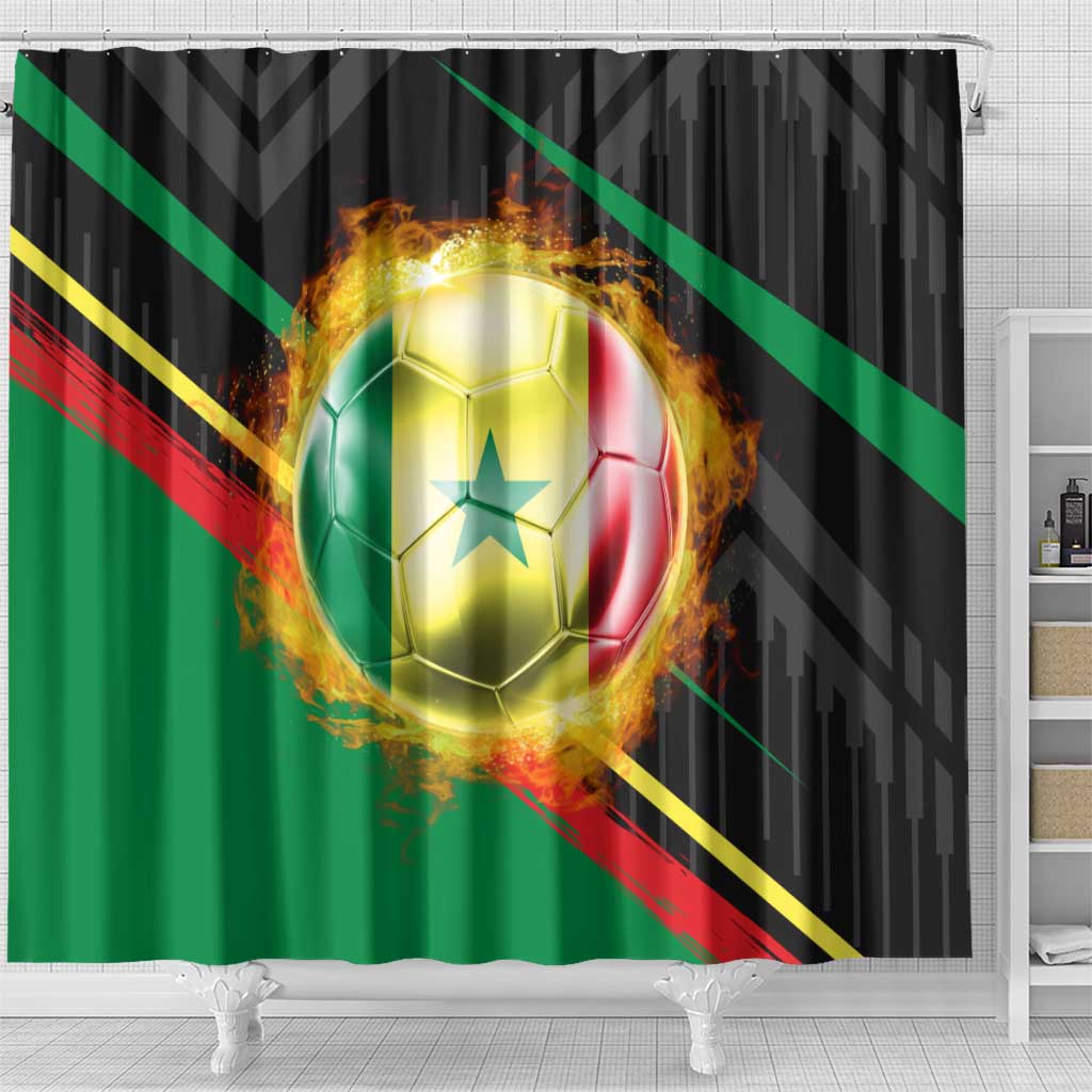 Custom Senegal Shower Curtain Lion Graphic, National Flag, Fiery Soccer Ball - Bold African Pride Design - Wonder Print Shop