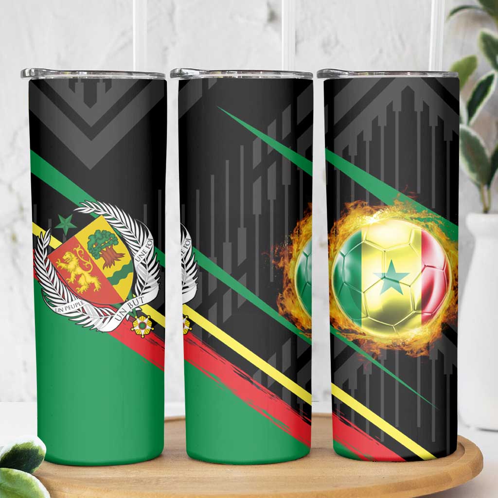 Custom Senegal Skinny Tumbler Lion Graphic, National Flag, Fiery Soccer Ball - Bold African Pride Design - Wonder Print Shop