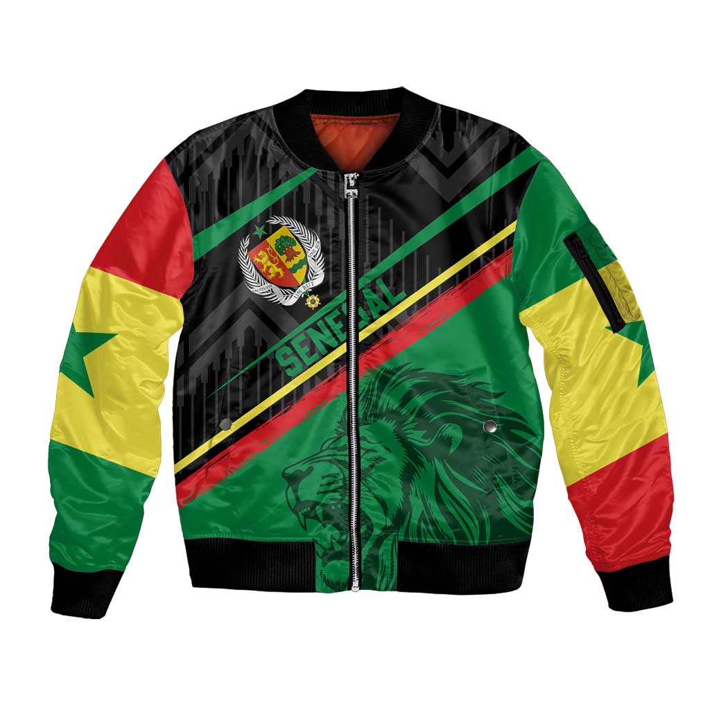 Custom Senegal Sleeve Zip Bomber Jacket Lion Graphic, National Flag, Fiery Soccer Ball - Bold African Pride Design - Wonder Print Shop