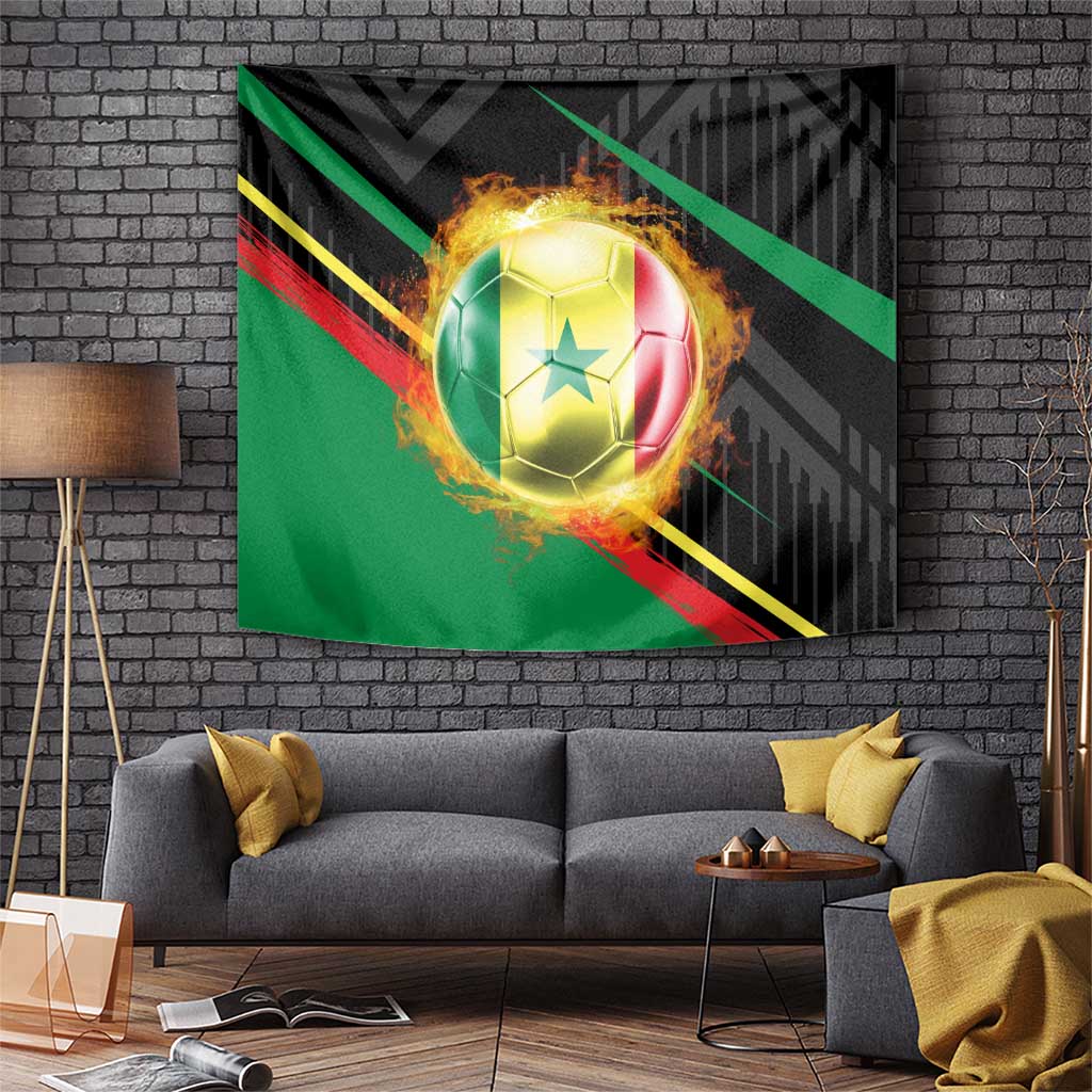 Custom Senegal Tapestry Lion Graphic, National Flag, Fiery Soccer Ball - Bold African Pride Design - Wonder Print Shop