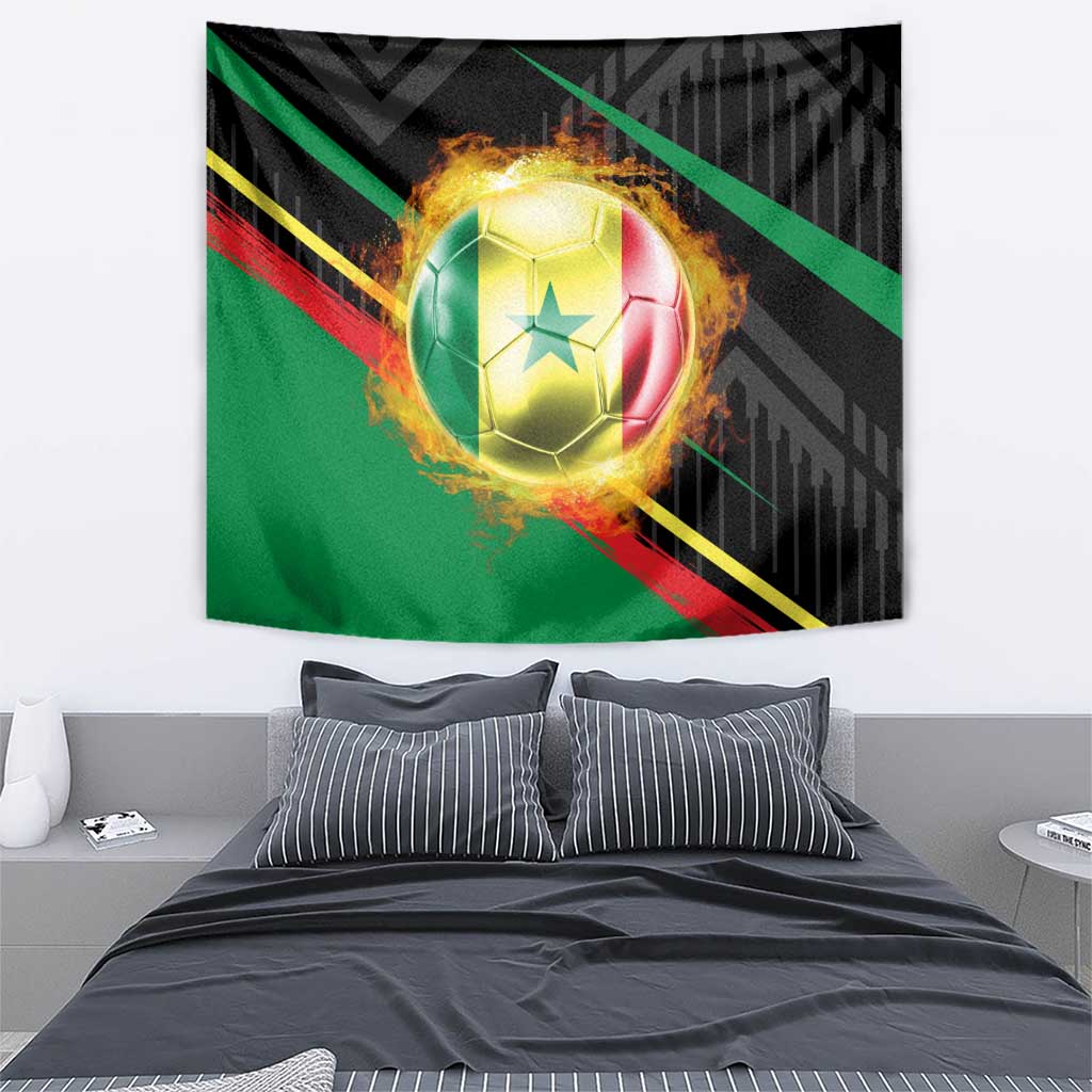 Custom Senegal Tapestry Lion Graphic, National Flag, Fiery Soccer Ball - Bold African Pride Design - Wonder Print Shop