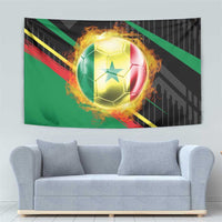 Custom Senegal Tapestry Lion Graphic, National Flag, Fiery Soccer Ball - Bold African Pride Design - Wonder Print Shop