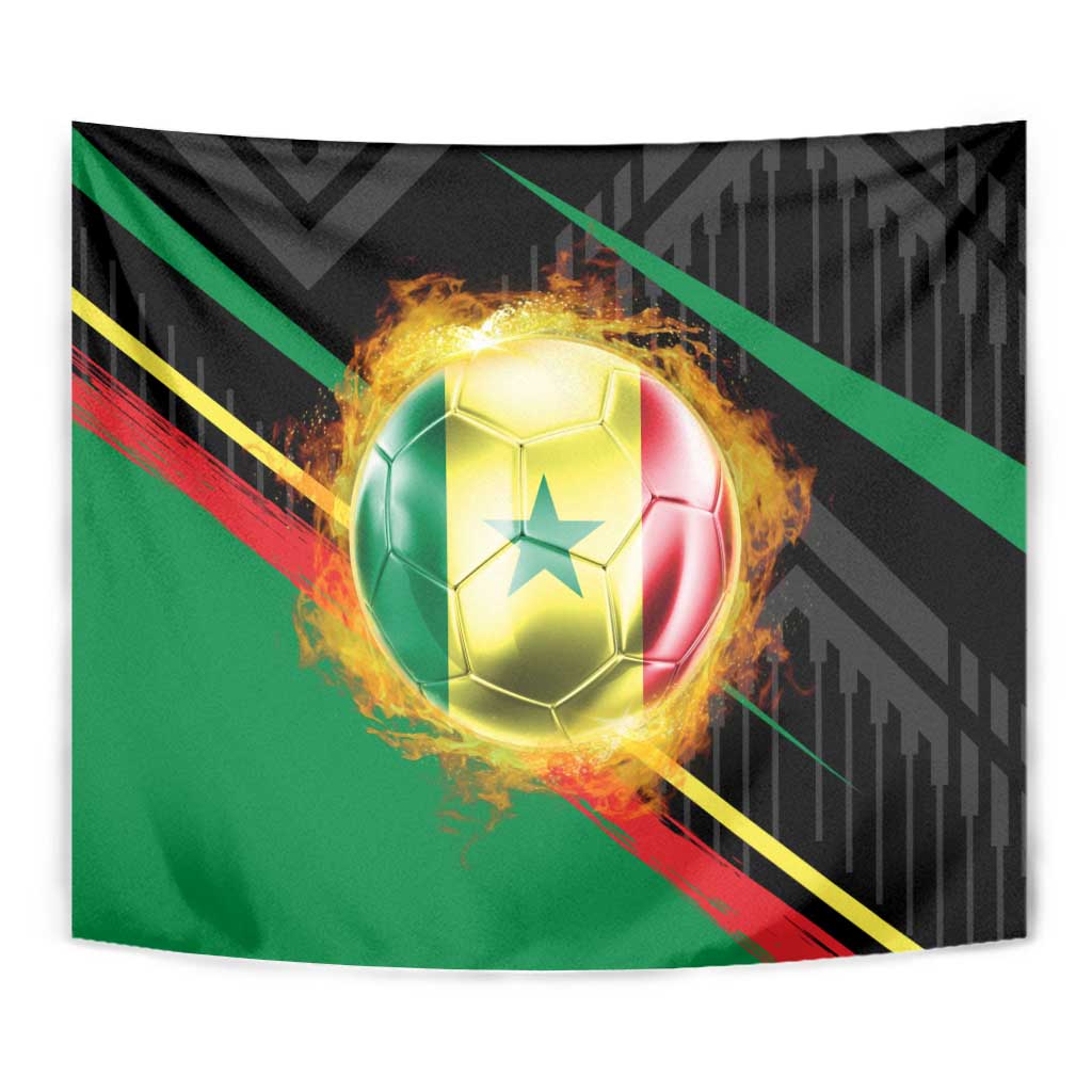 Custom Senegal Tapestry Lion Graphic, National Flag, Fiery Soccer Ball - Bold African Pride Design - Wonder Print Shop