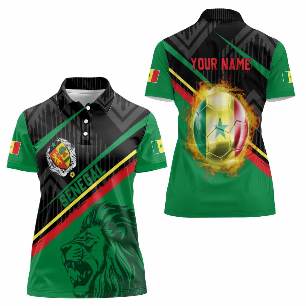 Custom Senegal Women Polo Shirt Lion Graphic, National Flag, Fiery Soccer Ball - Bold African Pride Design - Wonder Print Shop