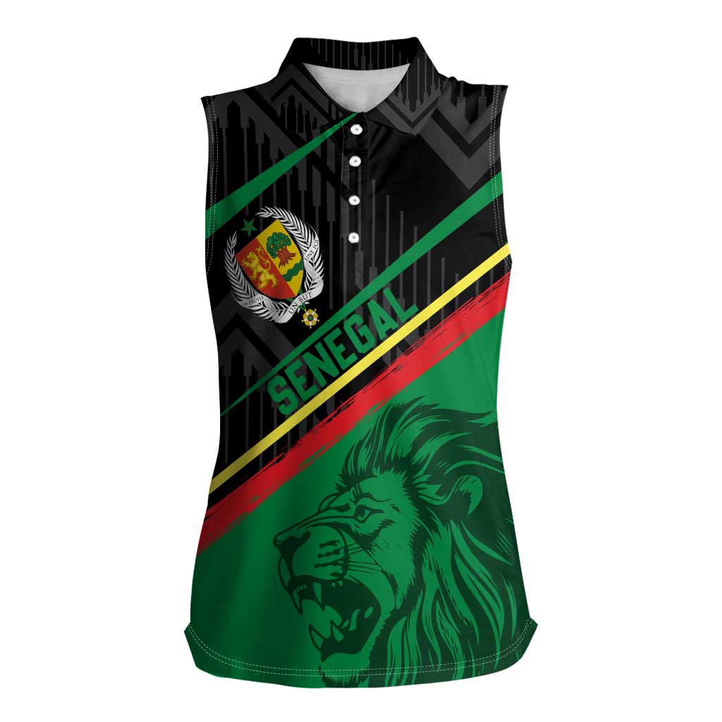 Custom Senegal Women Sleeveless Polo Shirt Lion Graphic, National Flag, Fiery Soccer Ball - Bold African Pride Design - Wonder Print Shop