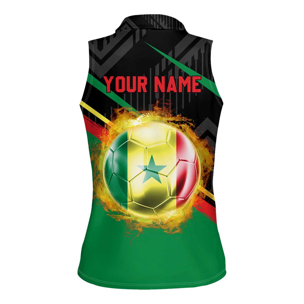 Custom Senegal Women Sleeveless Polo Shirt Lion Graphic, National Flag, Fiery Soccer Ball - Bold African Pride Design - Wonder Print Shop