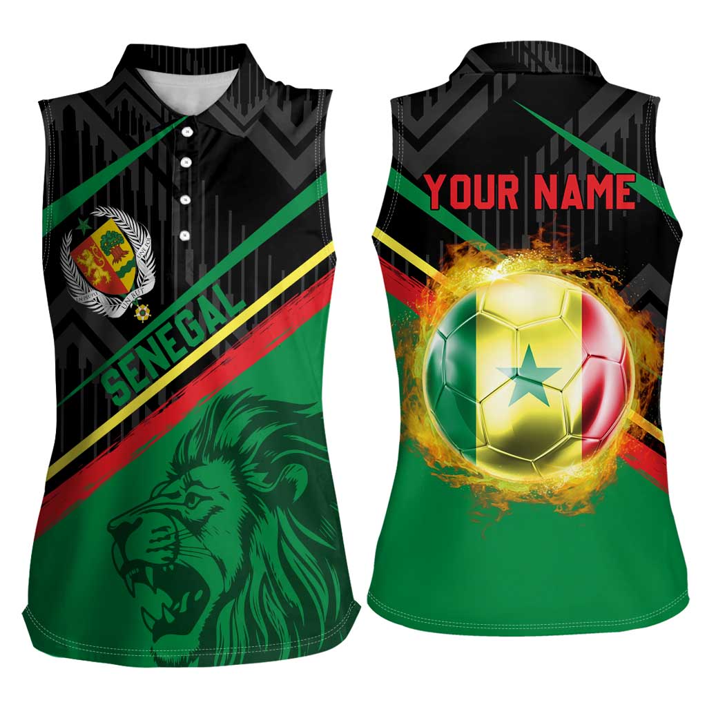 Custom Senegal Women Sleeveless Polo Shirt Lion Graphic, National Flag, Fiery Soccer Ball - Bold African Pride Design - Wonder Print Shop
