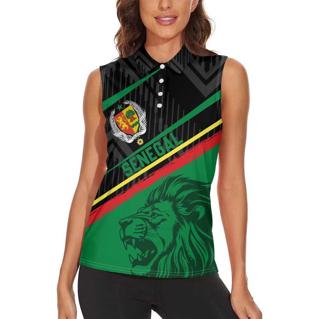 Custom Senegal Women Sleeveless Polo Shirt Lion Graphic, National Flag, Fiery Soccer Ball - Bold African Pride Design - Wonder Print Shop