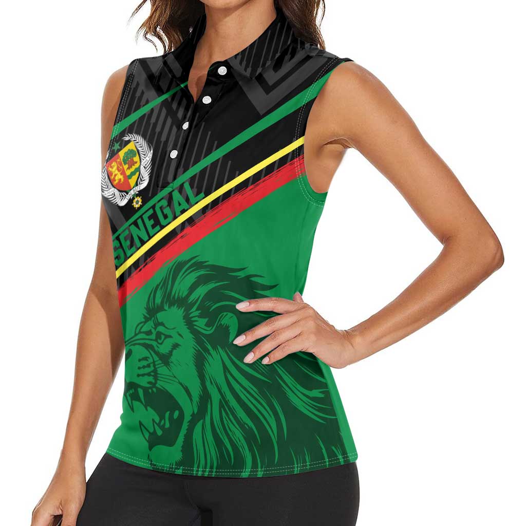 Custom Senegal Women Sleeveless Polo Shirt Lion Graphic, National Flag, Fiery Soccer Ball - Bold African Pride Design - Wonder Print Shop