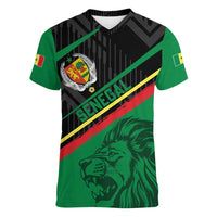 Custom Senegal Women V-Neck T-Shirt Lion Graphic, National Flag, Fiery Soccer Ball - Bold African Pride Design - Wonder Print Shop