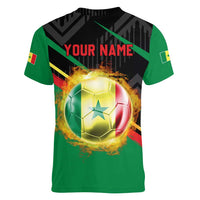 Custom Senegal Women V-Neck T-Shirt Lion Graphic, National Flag, Fiery Soccer Ball - Bold African Pride Design - Wonder Print Shop