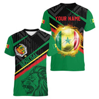 Custom Senegal Women V-Neck T-Shirt Lion Graphic, National Flag, Fiery Soccer Ball - Bold African Pride Design - Wonder Print Shop