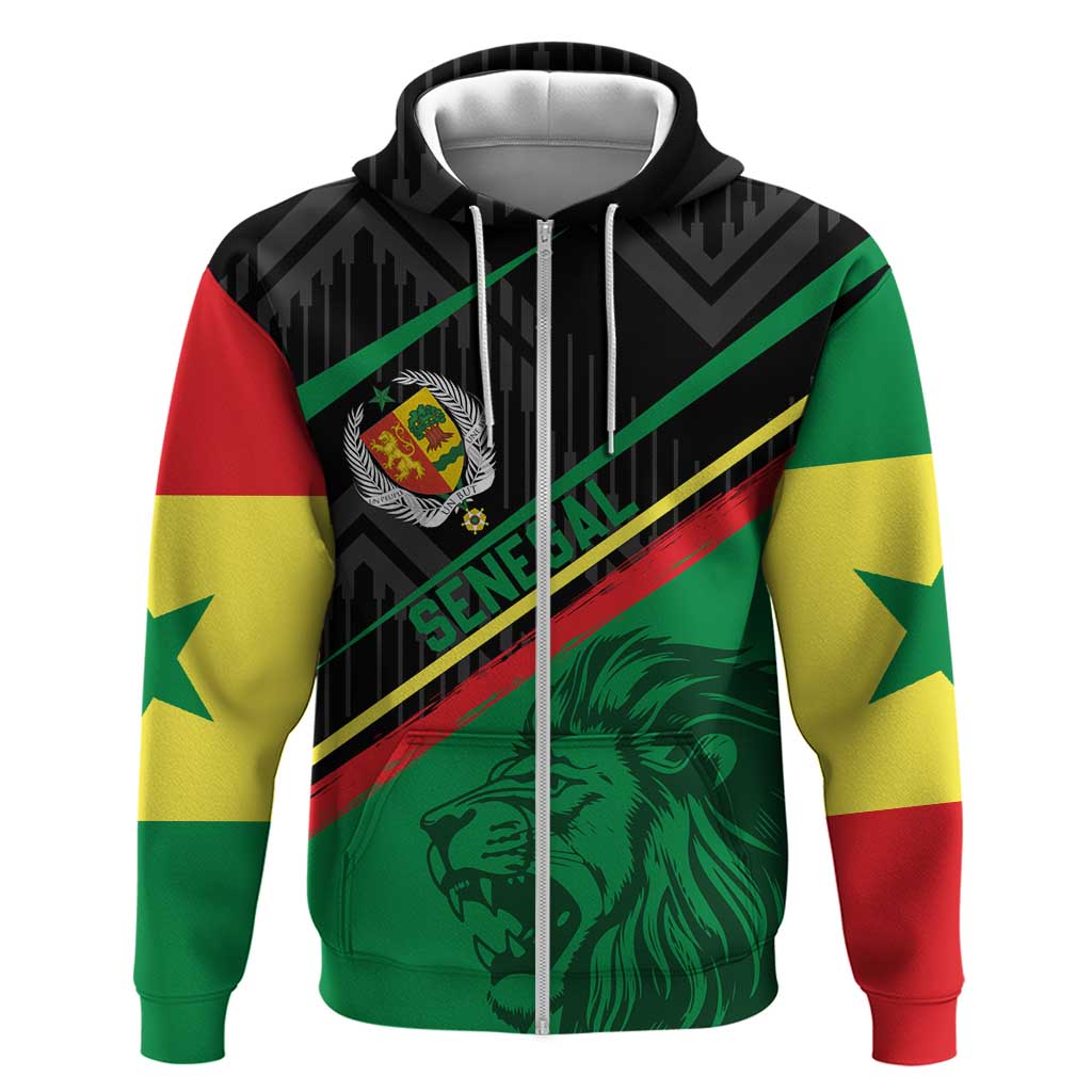 Custom Senegal Zip Hoodie Lion Graphic, National Flag, Fiery Soccer Ball - Bold African Pride Design - Wonder Print Shop