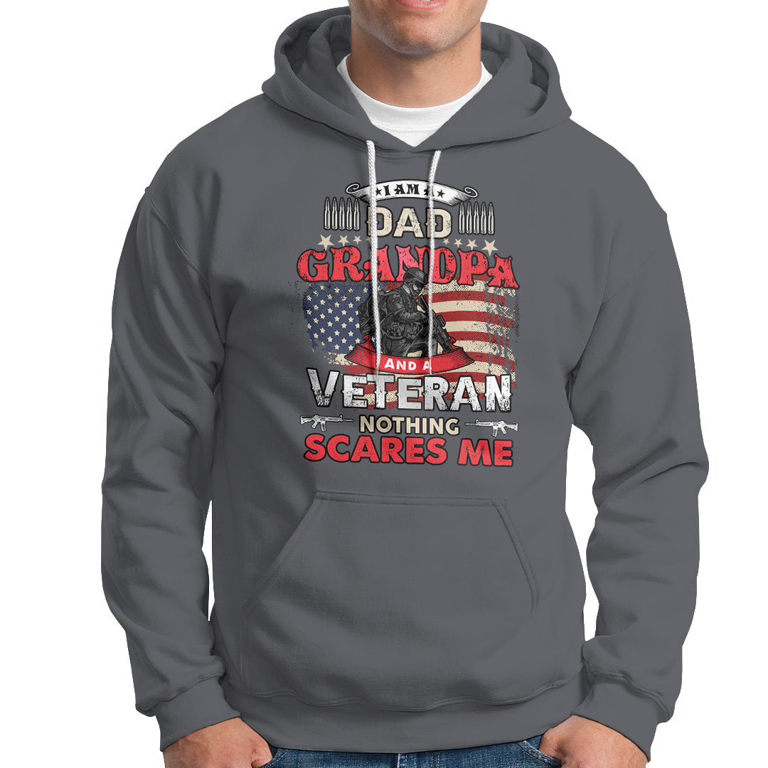 Charcoal pullover hoodie with front veteran graphic and Nothing Scares Me text