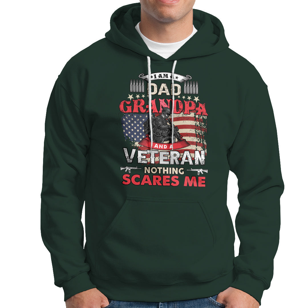 Dark forest green pullover hoodie with front veteran graphic and Nothing Scares Me text