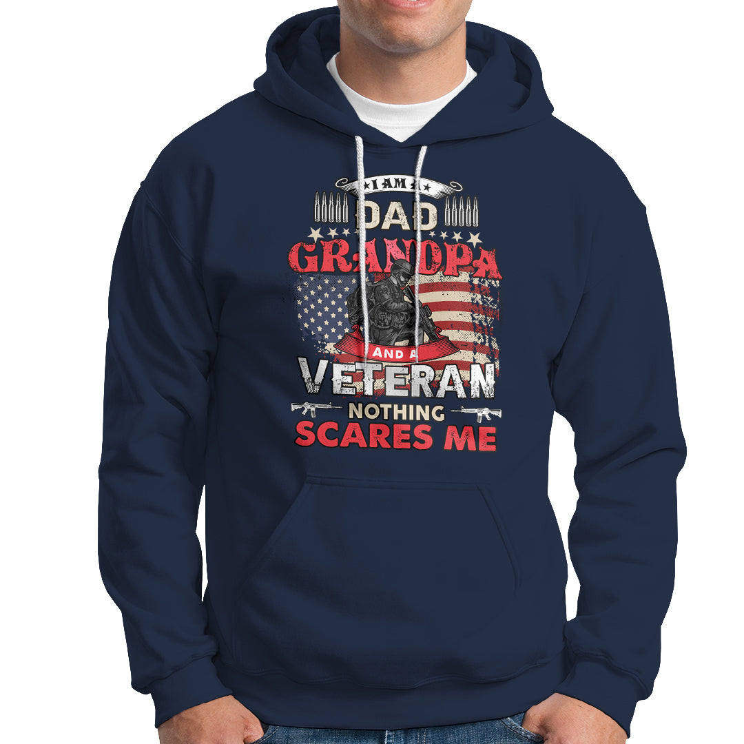Navy pullover hoodie with front veteran graphic and Nothing Scares Me text