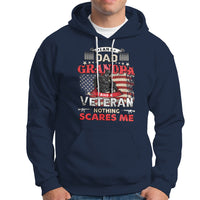 Navy pullover hoodie with front veteran graphic and Nothing Scares Me text