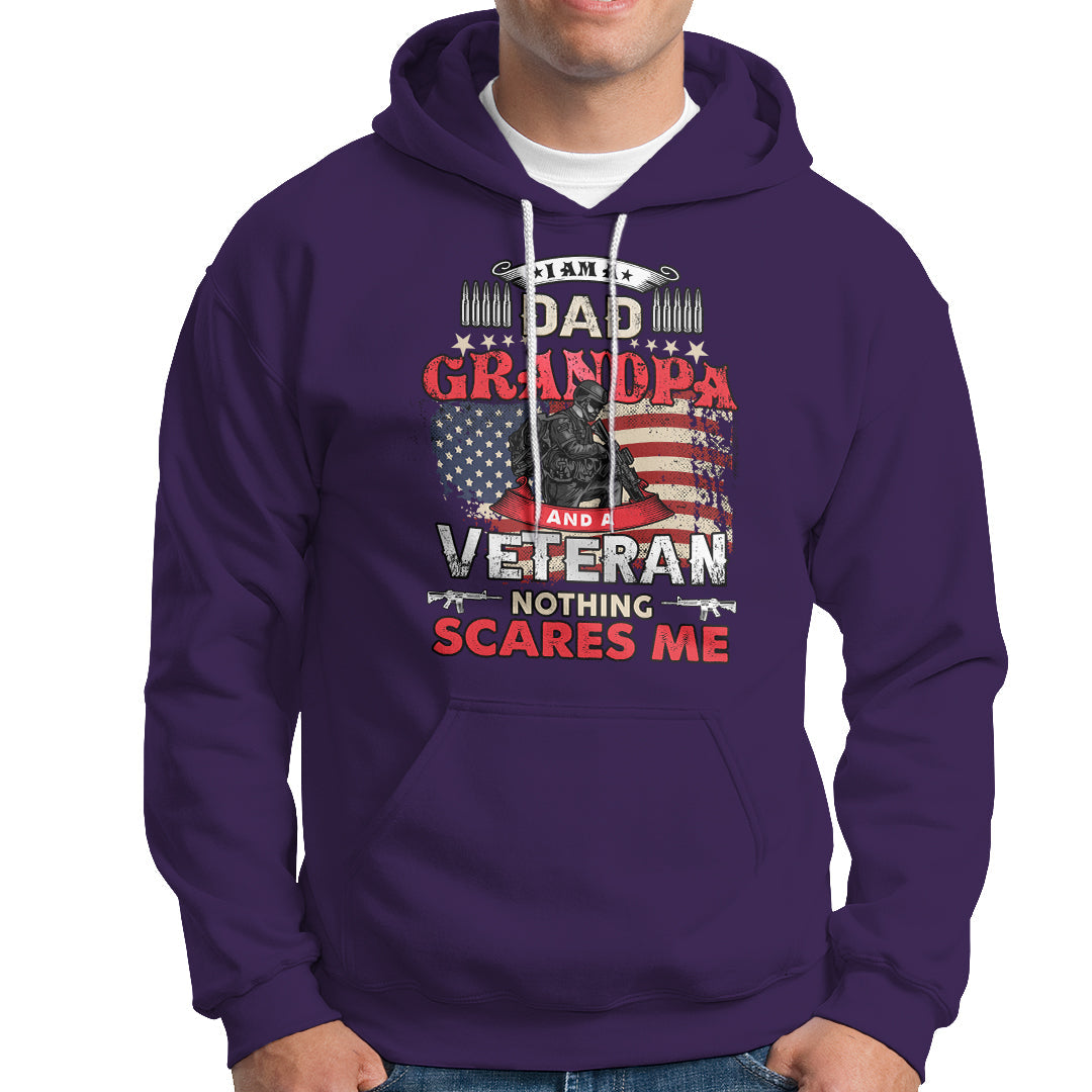 Purple pullover hoodie with front veteran graphic and Nothing Scares Me text