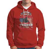 Red pullover hoodie with front veteran graphic and Nothing Scares Me text