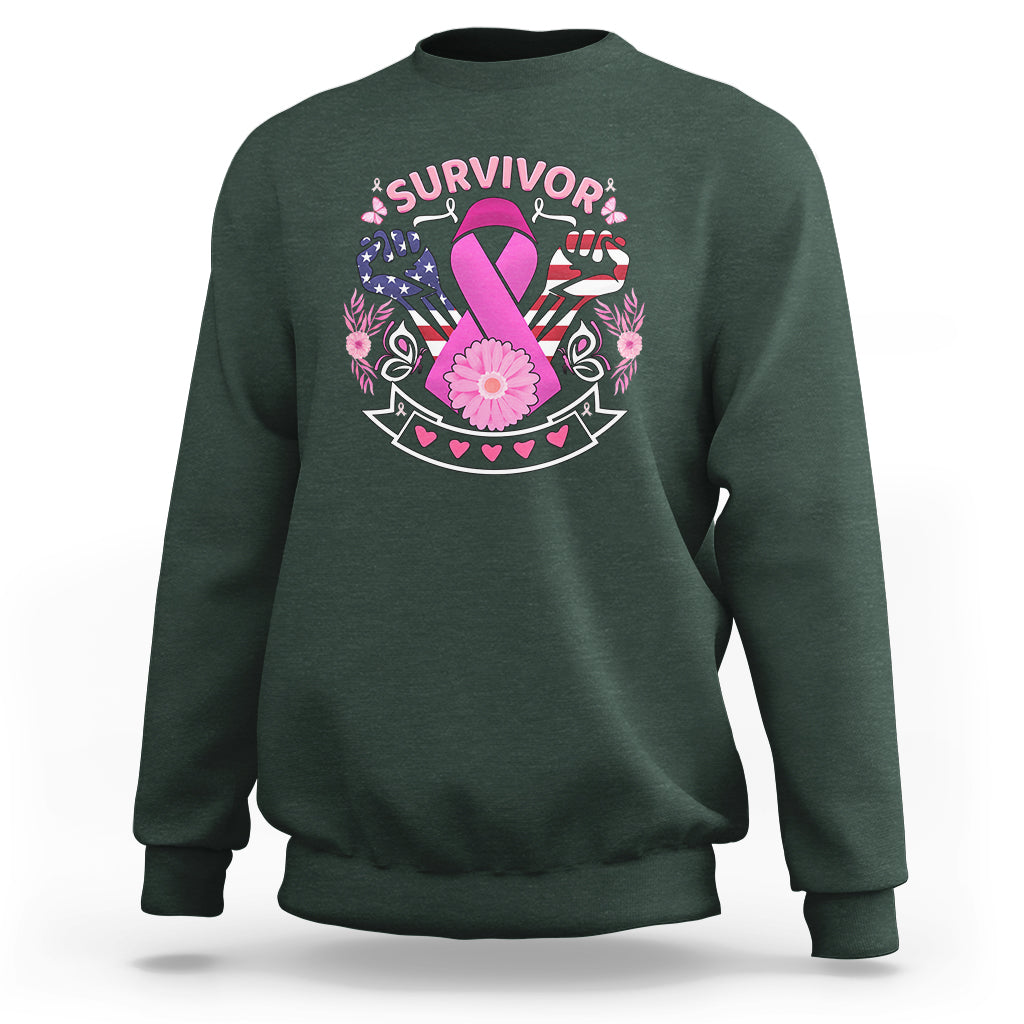 Dark forest green breast cancer awareness sweatshirt with 'survivor' graphic and pink ribbon