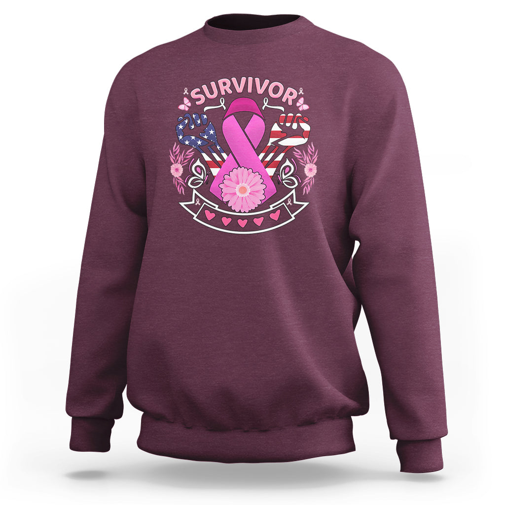 Maroon breast cancer awareness sweatshirt with 'survivor' graphic and pink ribbon