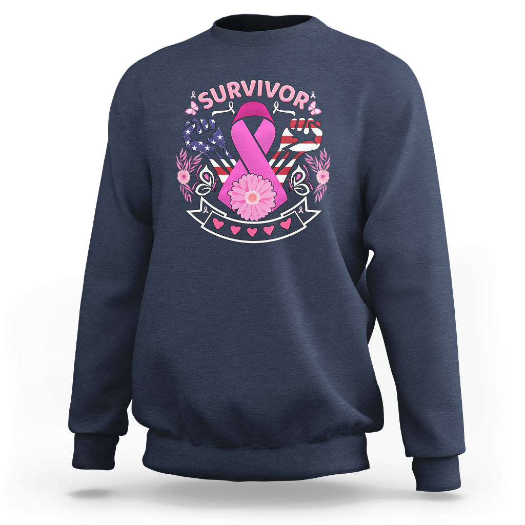 Navy breast cancer awareness sweatshirt with 'survivor' graphic and pink ribbon