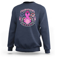 Navy breast cancer awareness sweatshirt with 'survivor' graphic and pink ribbon