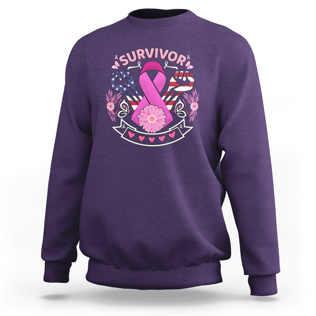 Purple breast cancer awareness sweatshirt with 'survivor' graphic and pink ribbon