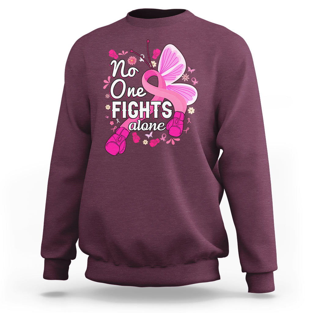 Maroon breast cancer awareness sweatshirt with pink ribbon butterfly “No One Fights alone”.
