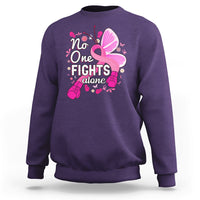Purple breast cancer awareness sweatshirt with pink ribbon butterfly “No One Fights alone”.