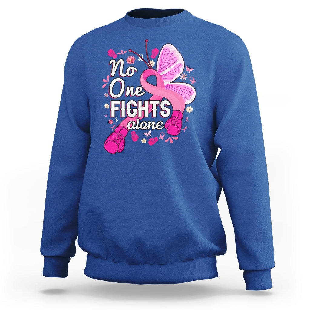 Royal blue breast cancer awareness sweatshirt with pink ribbon butterfly “No One Fights alone”.