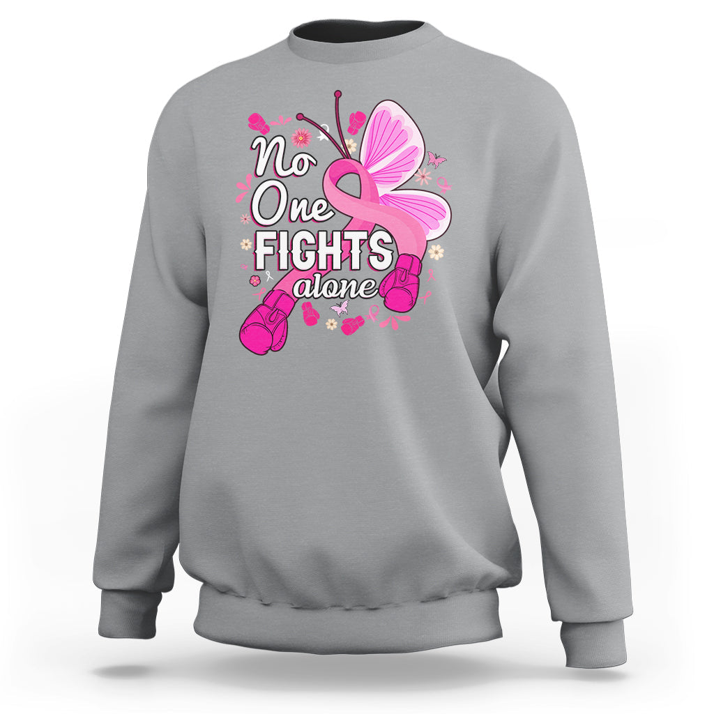 Sport gray breast cancer awareness sweatshirt with pink ribbon butterfly “No One Fights alone”.
