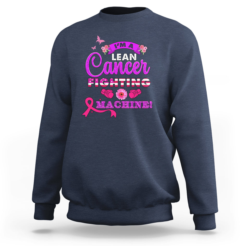 Navy breast cancer awareness sweatshirt with 'Lean Cancer Fighting Machine' front graphic