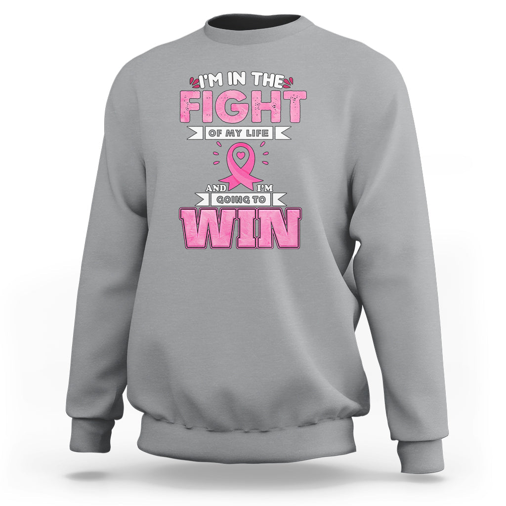 Sport gray crewneck sweatshirt with pink ribbon and 'FIGHT' and 'WIN' graphic print