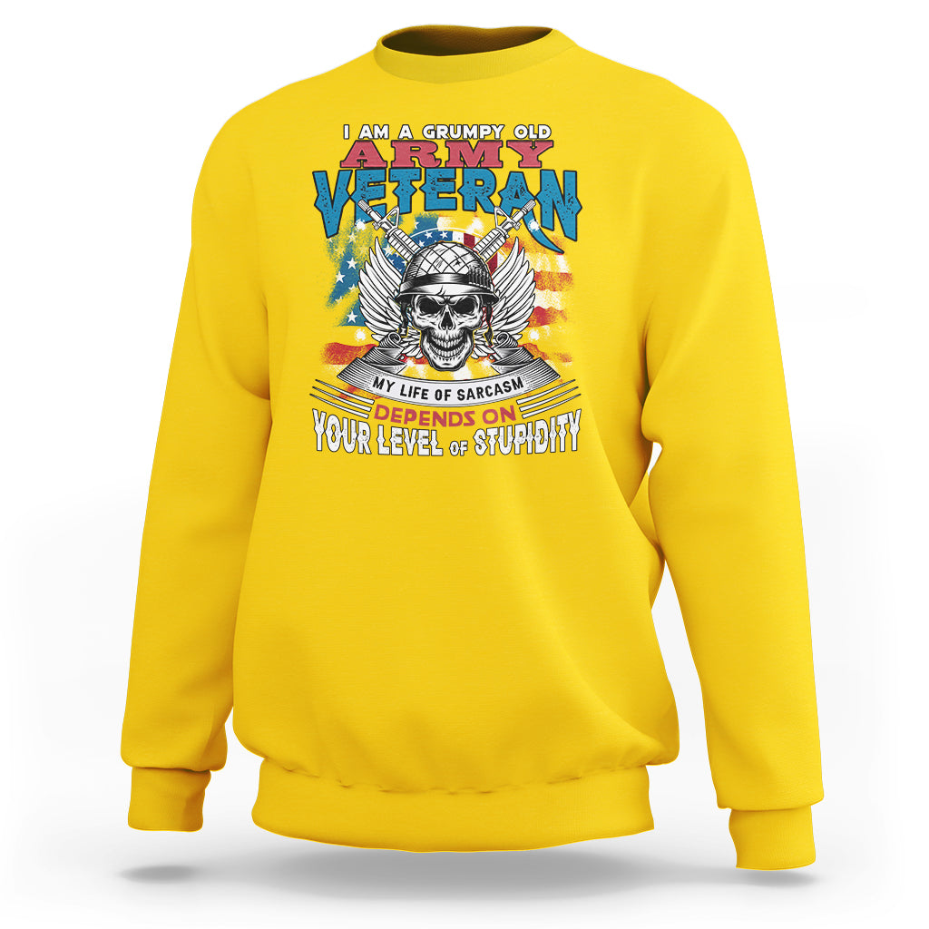 Daisy yellow crewneck sweatshirt with front veteran graphic and skull, long sleeves