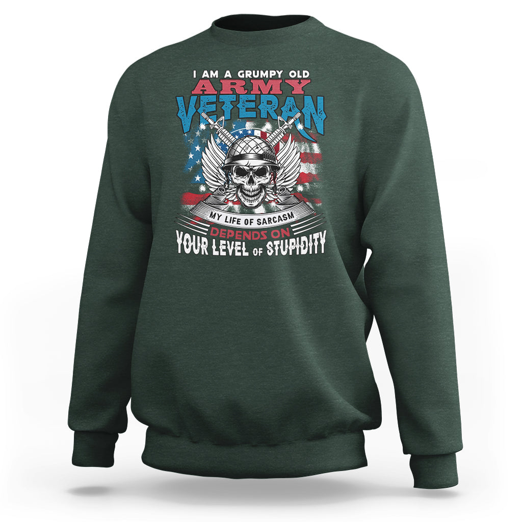 Dark forest green crewneck sweatshirt with front veteran graphic and skull, long sleeves
