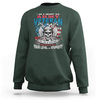Dark forest green crewneck sweatshirt with front veteran graphic and skull, long sleeves