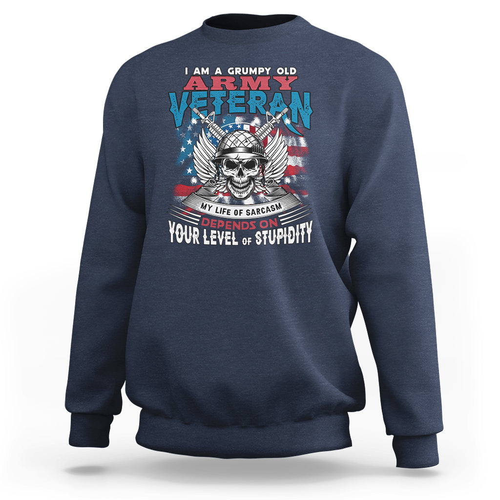 Navy crewneck sweatshirt with front veteran graphic and skull, long sleeves