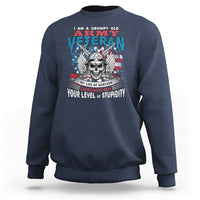Navy crewneck sweatshirt with front veteran graphic and skull, long sleeves