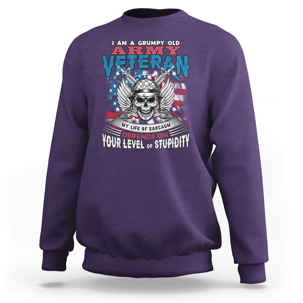 Purple crewneck sweatshirt with front veteran graphic and skull, long sleeves