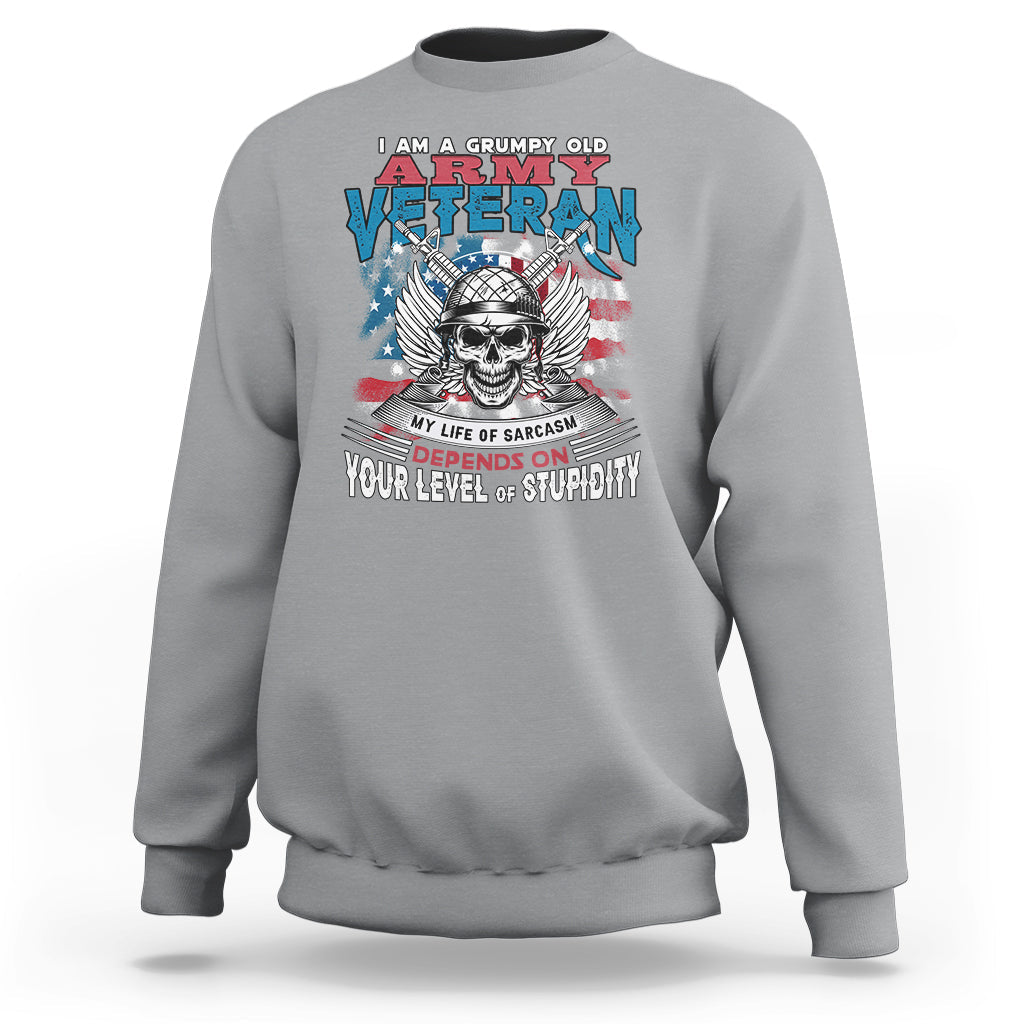 Sport gray crewneck sweatshirt with front veteran graphic and skull, long sleeves