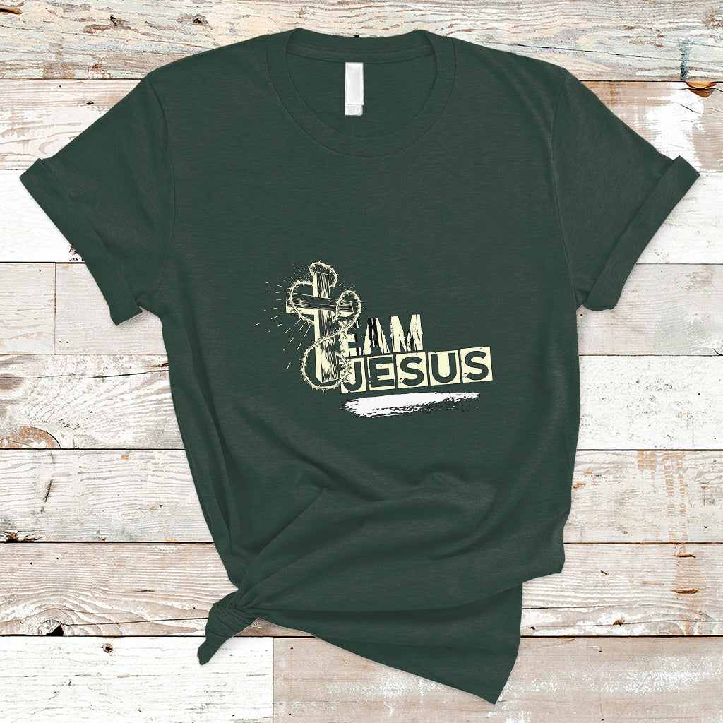 Dark forest green T-shirt with front “Team Jesus” graphic and cross emblem