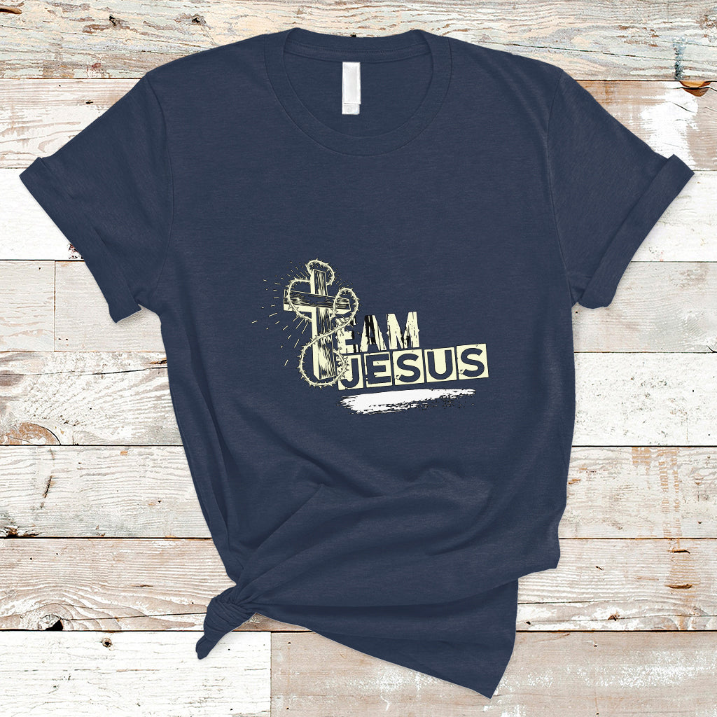 Navy T-shirt with front “Team Jesus” graphic and cross emblem
