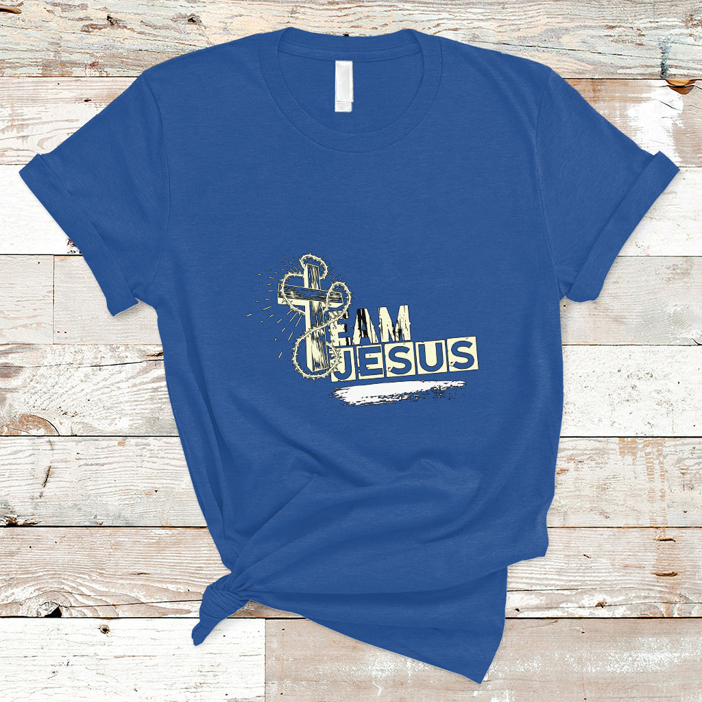 Royal blue T-shirt with front “Team Jesus” graphic and cross emblem