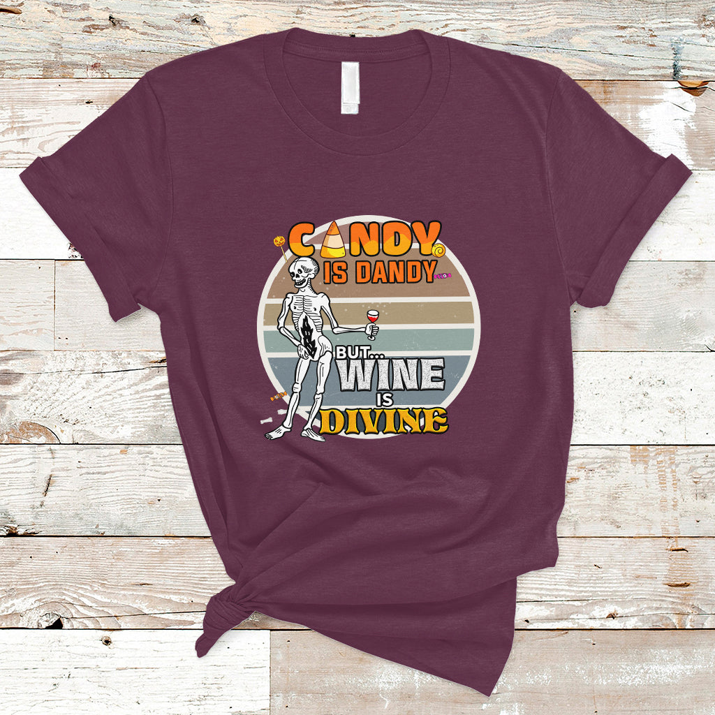 Vintage Skeleton T Shirt Candy is Dandy But Wine is Divine - Wonder Print Shop