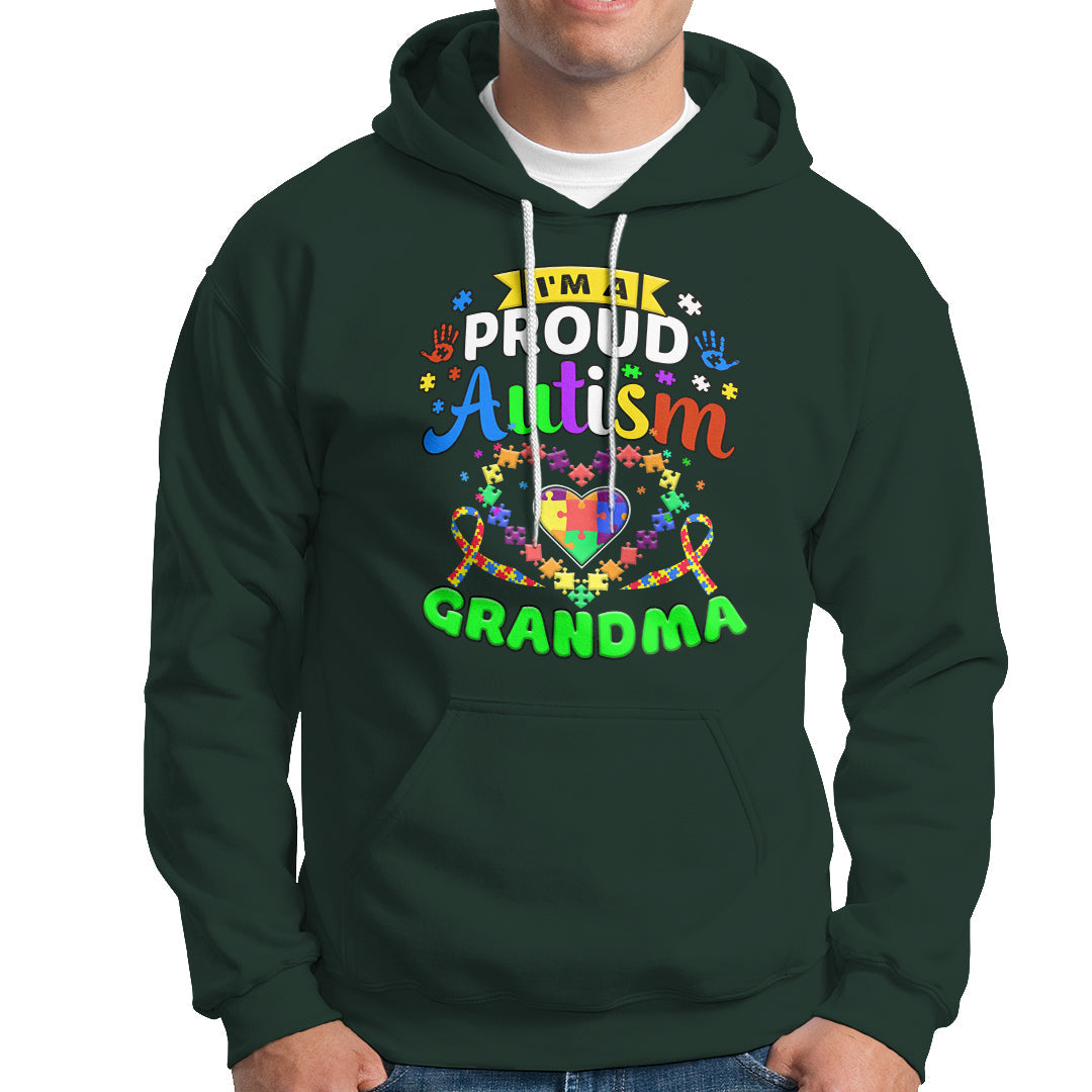 Dark forest green hoodie with colorful “Proud Autism Grandma” graphic and front pocket pouch