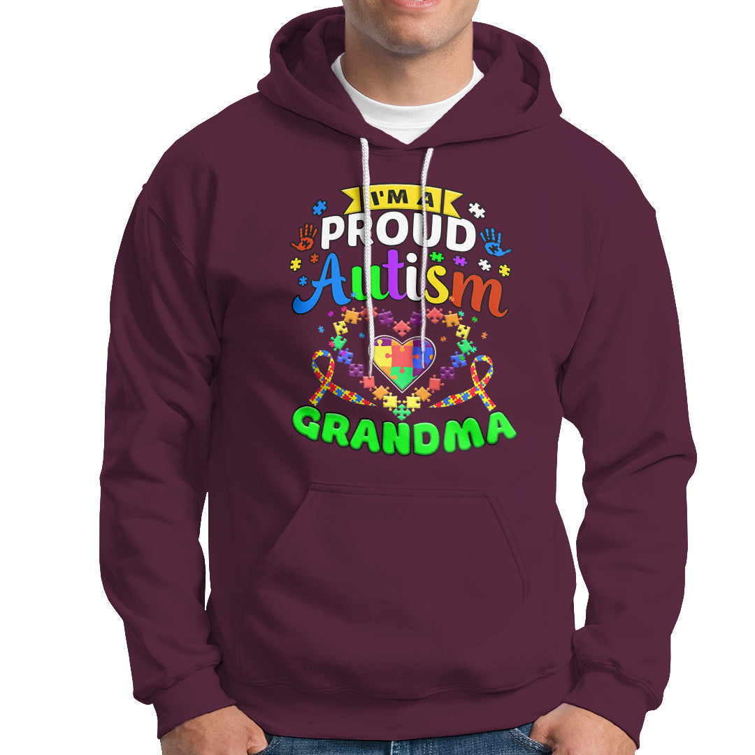 Maroon hoodie with colorful “Proud Autism Grandma” graphic and front pocket pouch