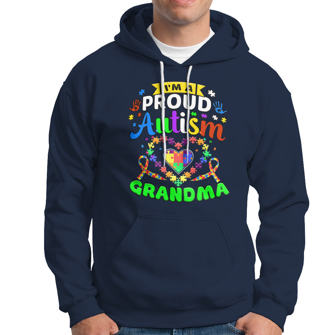 Navy hoodie with colorful “Proud Autism Grandma” graphic and front pocket pouch
